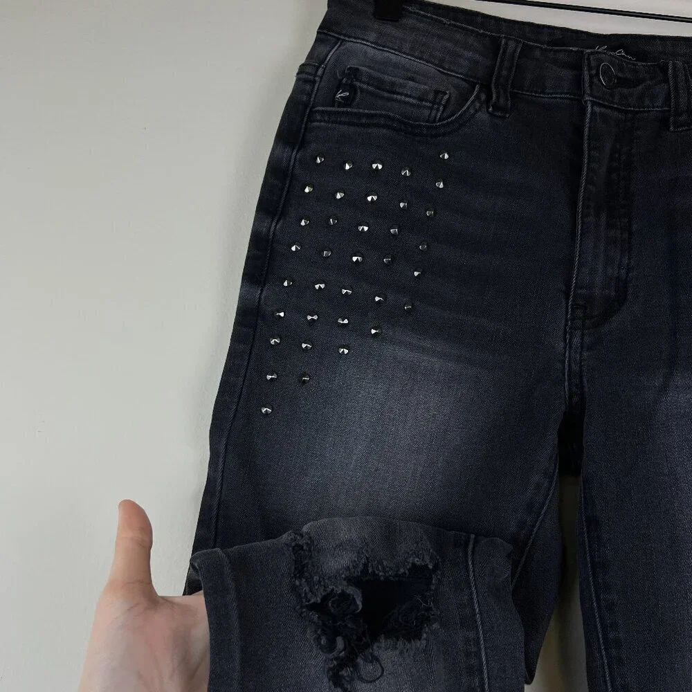 Kancan Black Distressed Studded Raw Hem Ankle Skinny Jeans